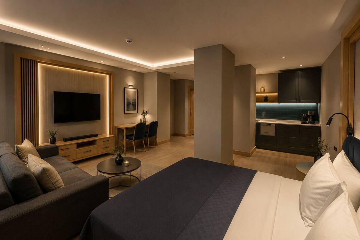 A modern hotel room with a large bed, a sofa, a TV, a desk, and a kitchen area.