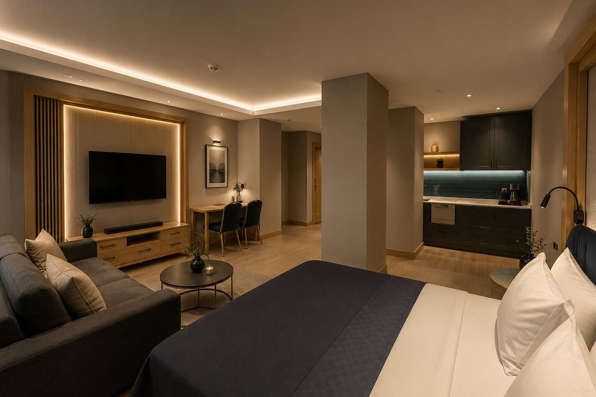 Habitación de hotel moderna con una cama grande, un sofá, un televisor, un escritorio y una zona de cocina.