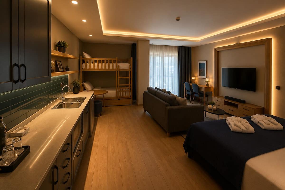 A hotel room with a kitchenette, a bunk bed, a sofa, a TV, and a bed with towels.