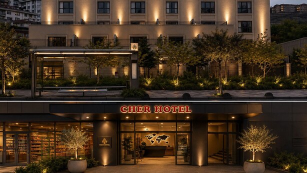 Un hotel con un letrero llamativo, un acceso cubierto y una fachada bien iluminada.
