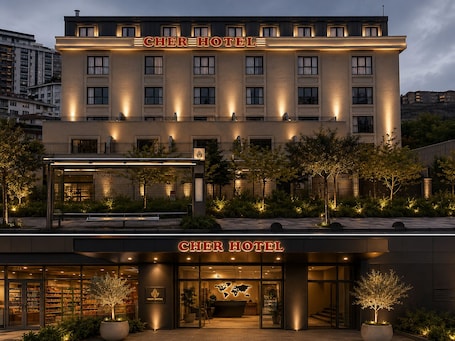 A hotel with a prominent sign, a covered entrance, and a well-lit facade.. Cher Hotel Eyup