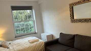 Un dormitorio con una cama, un sofá gris, una ventana con vistas a árboles, un radiador y un espejo con un marco decorativo.