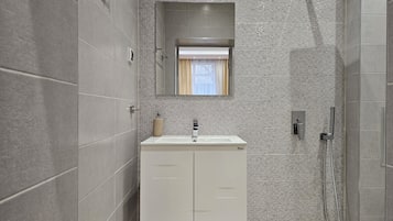 Secadora de cabello, toallas, jabón, papel de baño