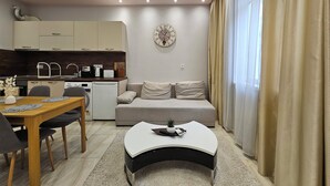 A modern living room with a sofa, a dining table with chairs, a kitchen area with cabinets and appliances, and a large window with curtains. - Quality&Design
Vitosha Blvd (Sofia)