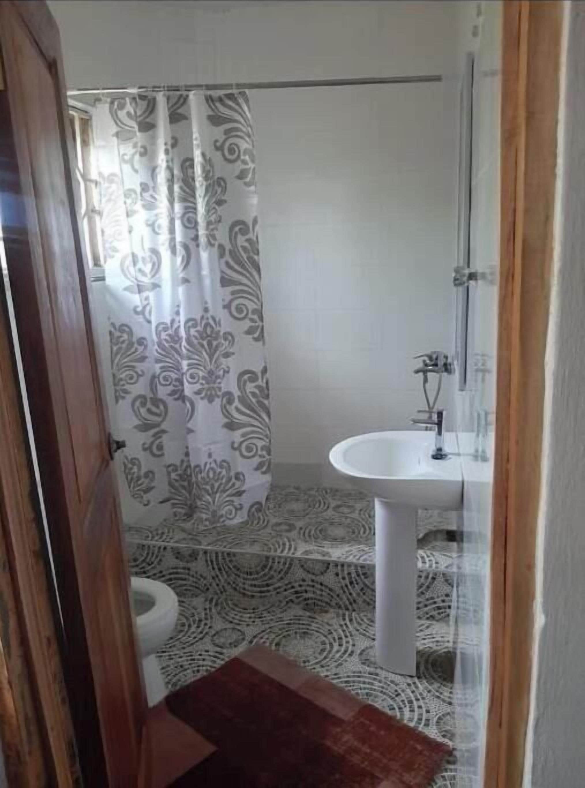 Shower, towels, soap, toilet paper