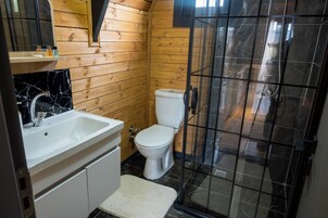 Bungalow Deluxe, vistas a la piscina | Baño | Artículos de higiene personal gratuitos, secador de pelo y toallas