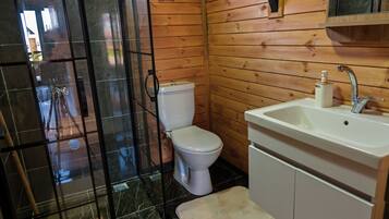 A bathroom with a toilet, sink, and shower area.
