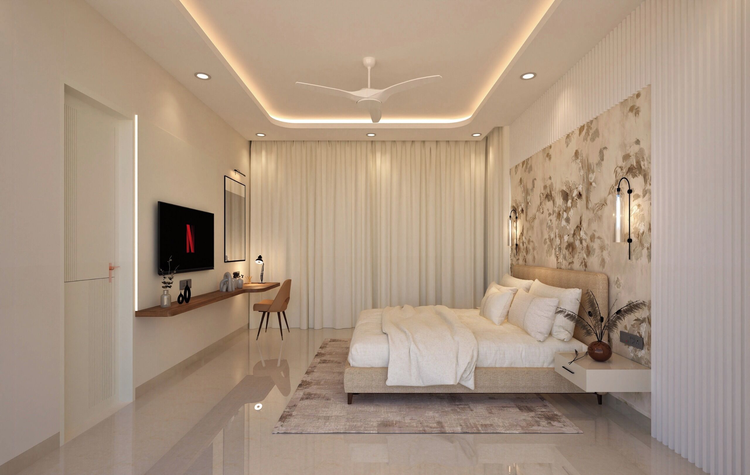 Un dormitorio moderno con cama, escritorio, televisor y ventilador de techo.
