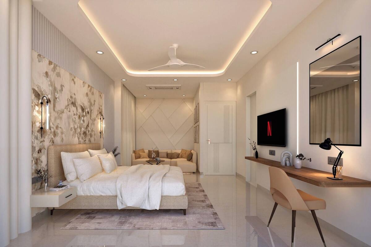 Un dormitorio moderno con cama, mesitas de noche, escritorio, silla, televisor y espejo.