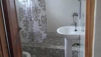 Shower, towels, soap, toilet paper