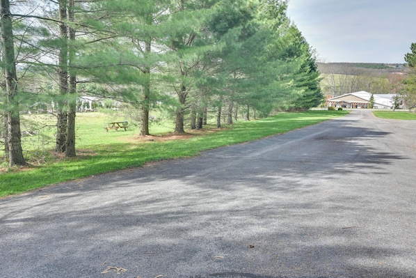 A paved road flanked by trees, leading to a building with a sloped roof.