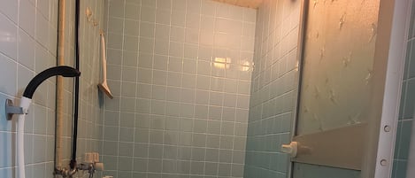 Hair dryer, bidet, towels, soap