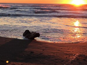 A beach with waves, a rock, and the sun setting over the ocean. - 212 - Life's a beach, take a paws and relax (Westport)