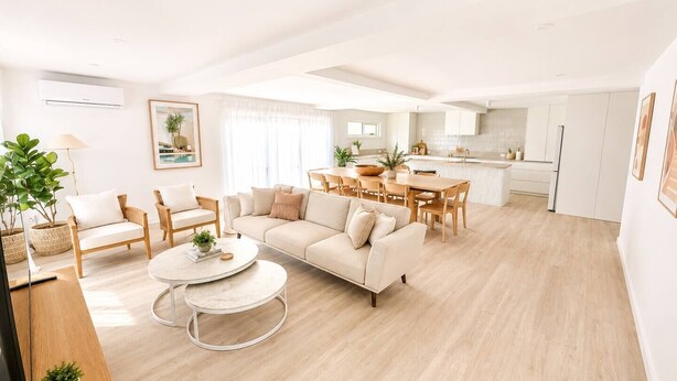 Um apartamento moderno com sala de estar, sala de jantar, cozinha e uma pequena varanda.