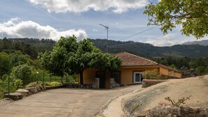 Una casa con techo de tejas, pared de piedra y camino de entrada pavimentado.