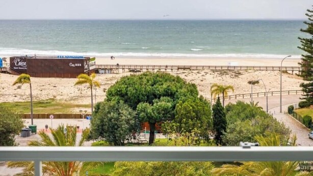 Vista de la playa con un muelle de madera, un árbol grande y un edificio con letreros.