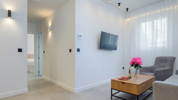 A modern living room with a flat-screen TV, a wooden coffee table with a vase of flowers, a grey armchair, and a sofa. - Beautiful apartment in the heart of Triana (Sevilla)