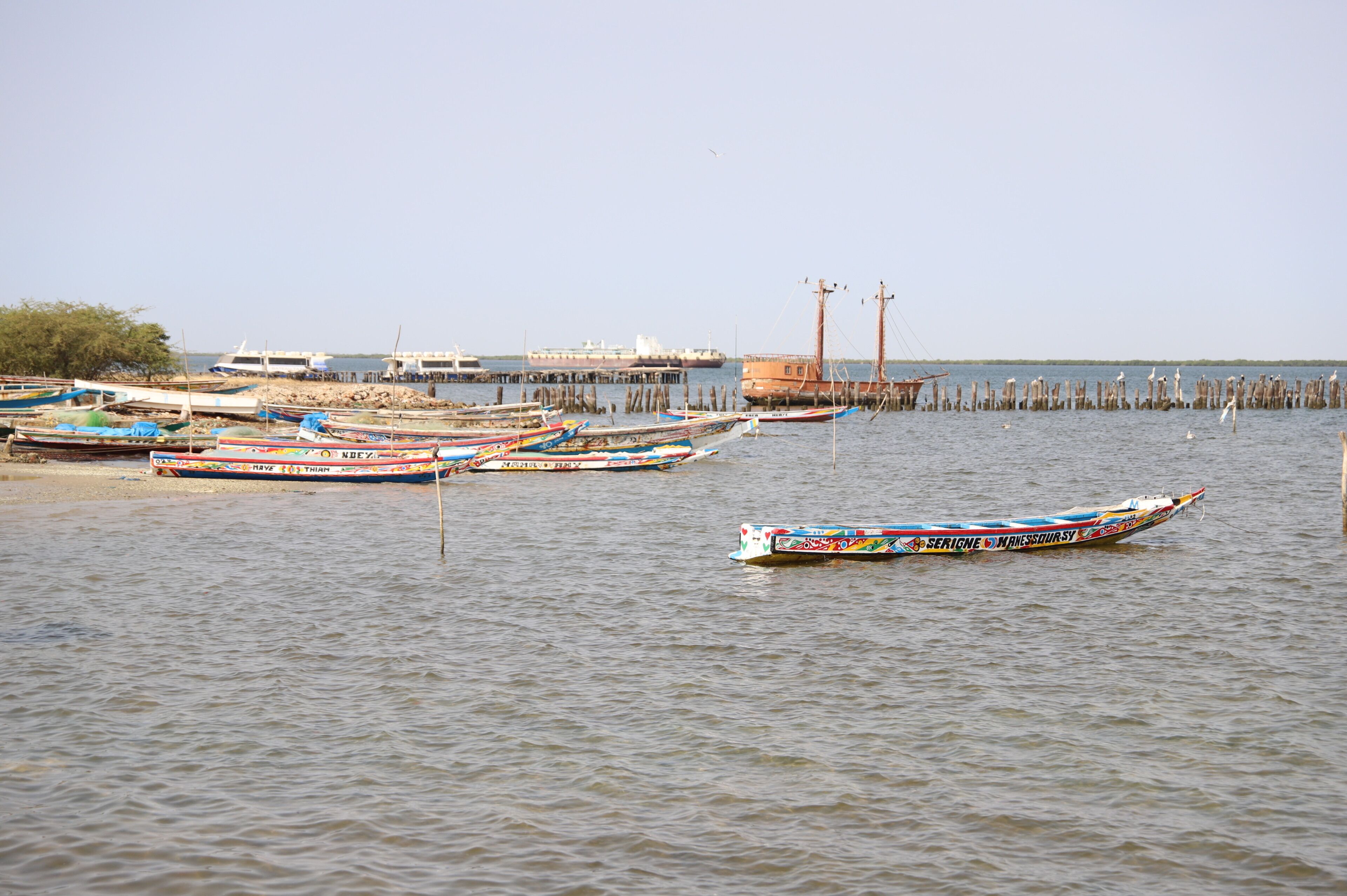 A calm water body with several boats docked.
