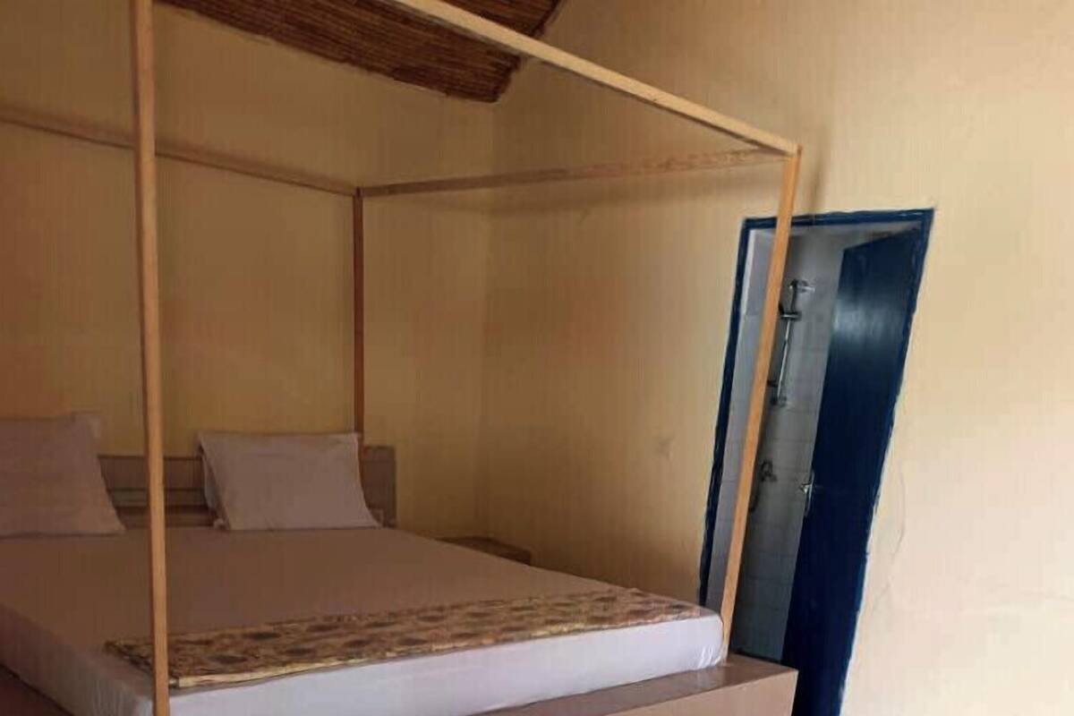 A single bed with a canopy, a door, and a tiled floor.