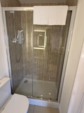 Une cabine de douche fermée par des parois en verre, avec un pommeau de douche à main, une serviette blanche accrochée à la porte, et des toilettes visibles sur la gauche.