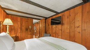 Una habitación con paneles de madera, una cama, una lámpara y un televisor.