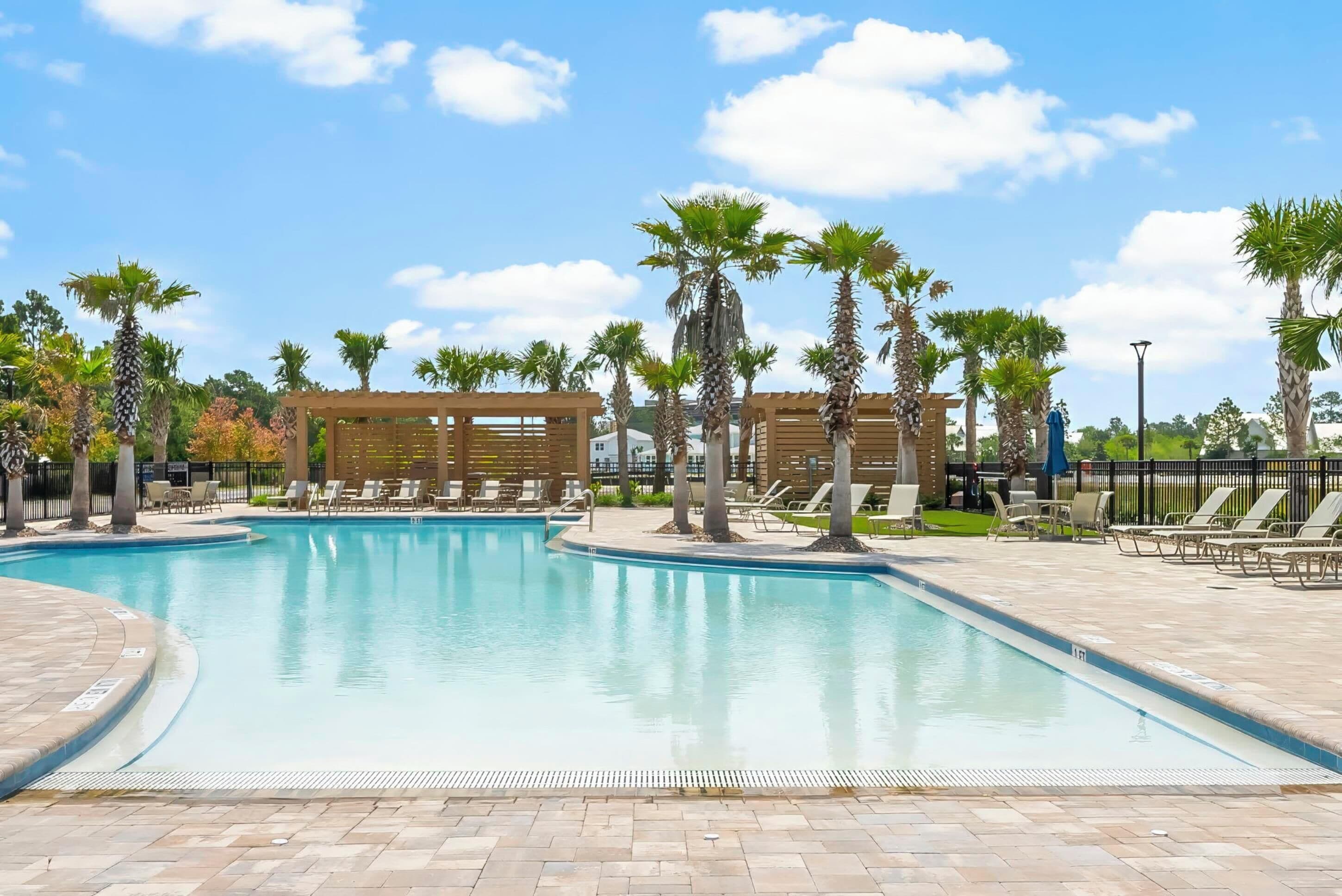 Outdoor pool, pool umbrellas, pool loungers