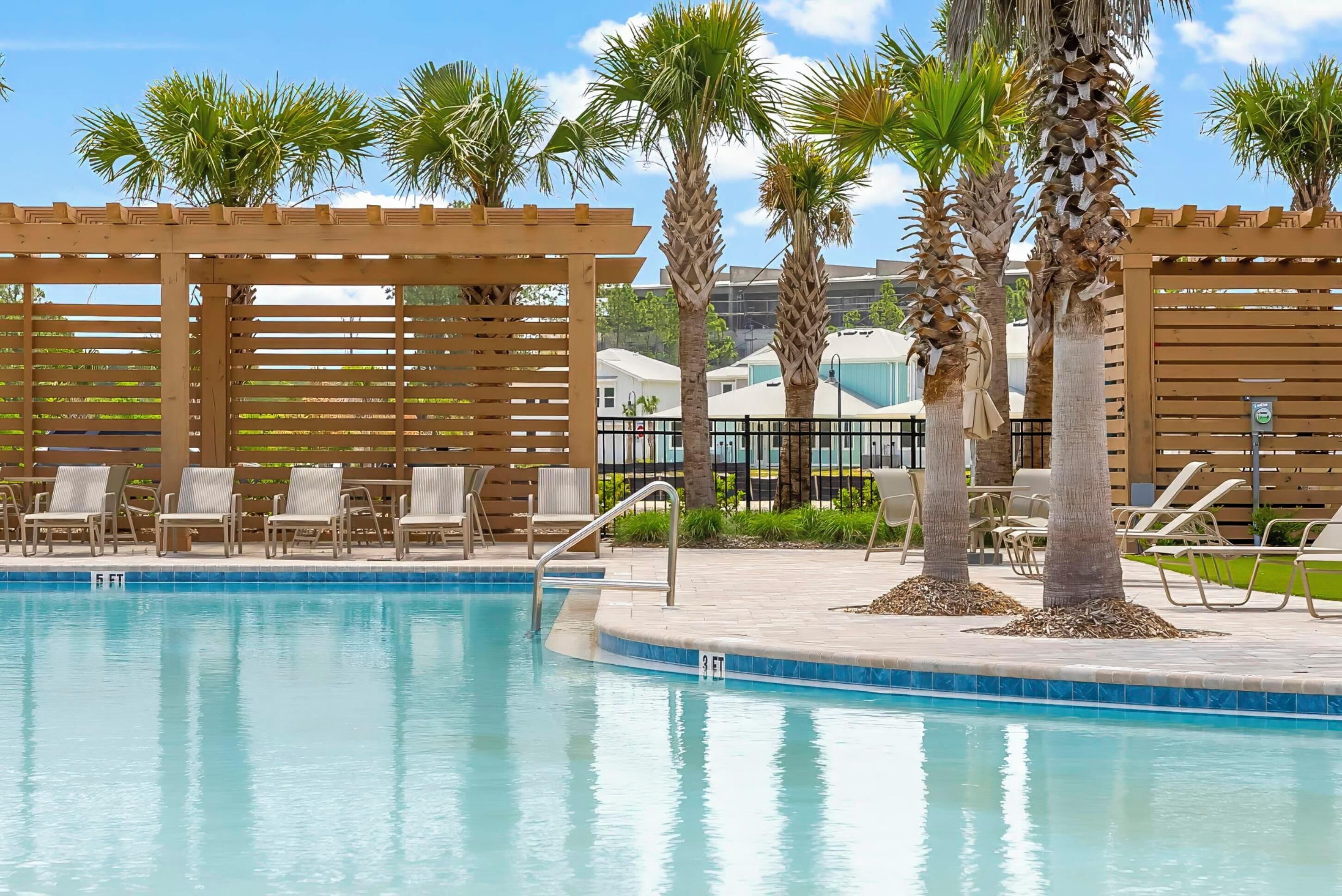 Outdoor pool, pool umbrellas, pool loungers