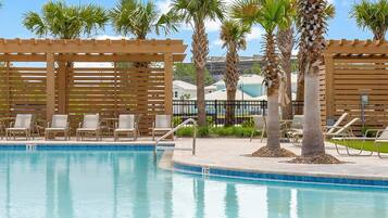 Outdoor pool, pool umbrellas, pool loungers