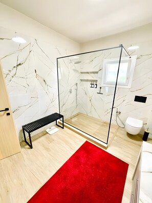 Shower, hair dryer, towels
