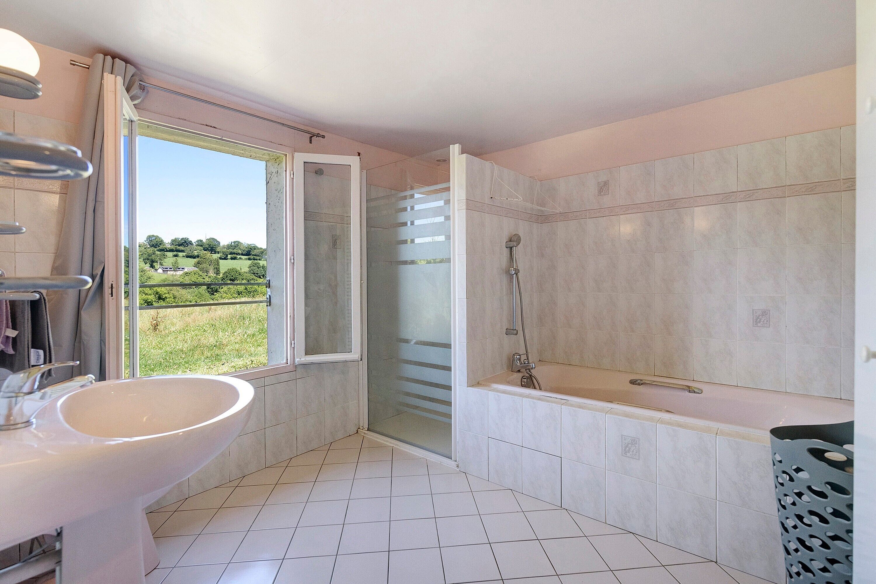 A bathroom with a sink, shower, and a view of a green landscape.
