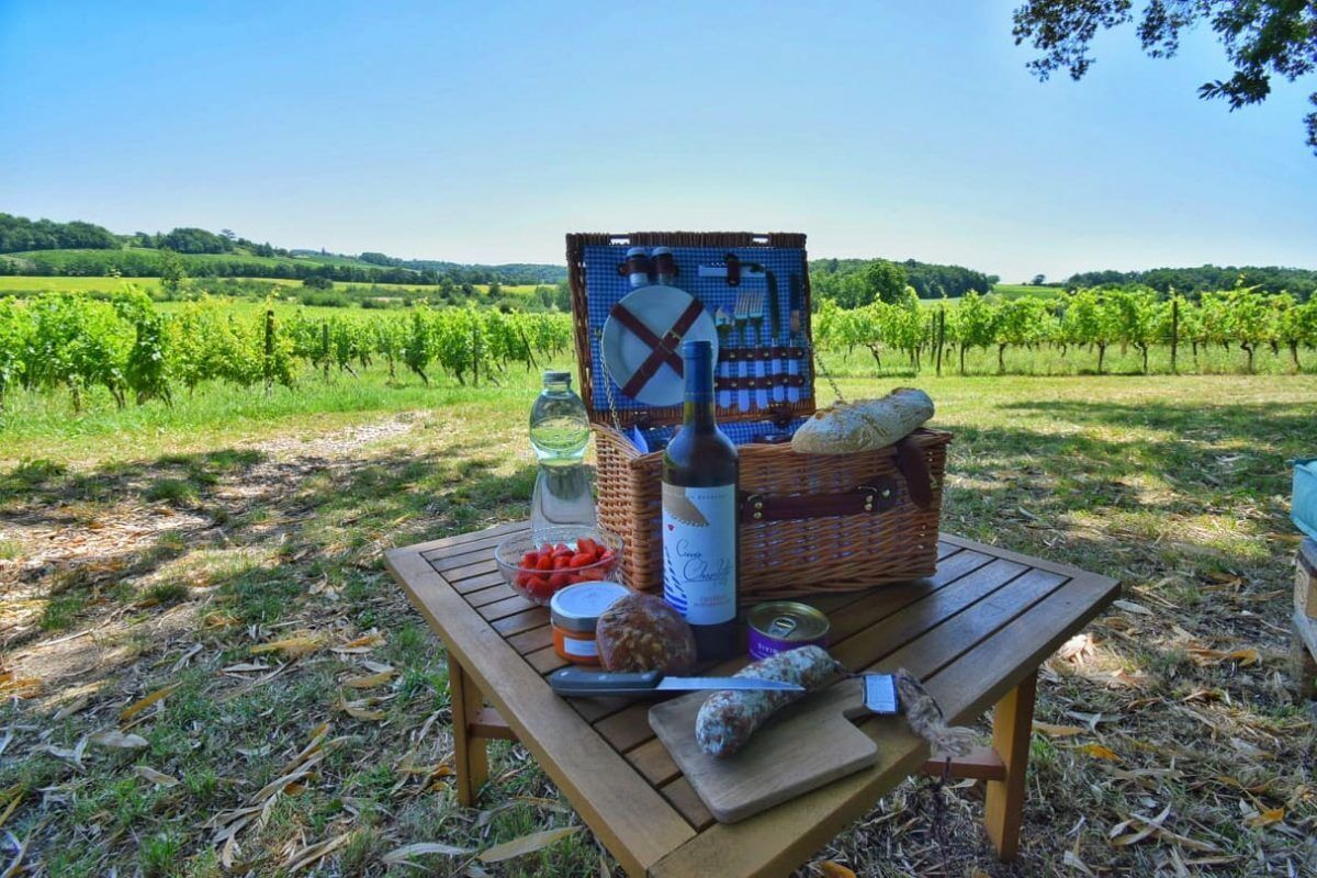 A picnic setup with a bottle, bread, cheese, and a basket on a wooden table in a vineyard.