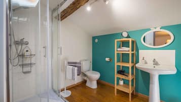 Een badkamer met een douchecabine van glas, een toilet, een wastafel met spiegel en een houten plank.