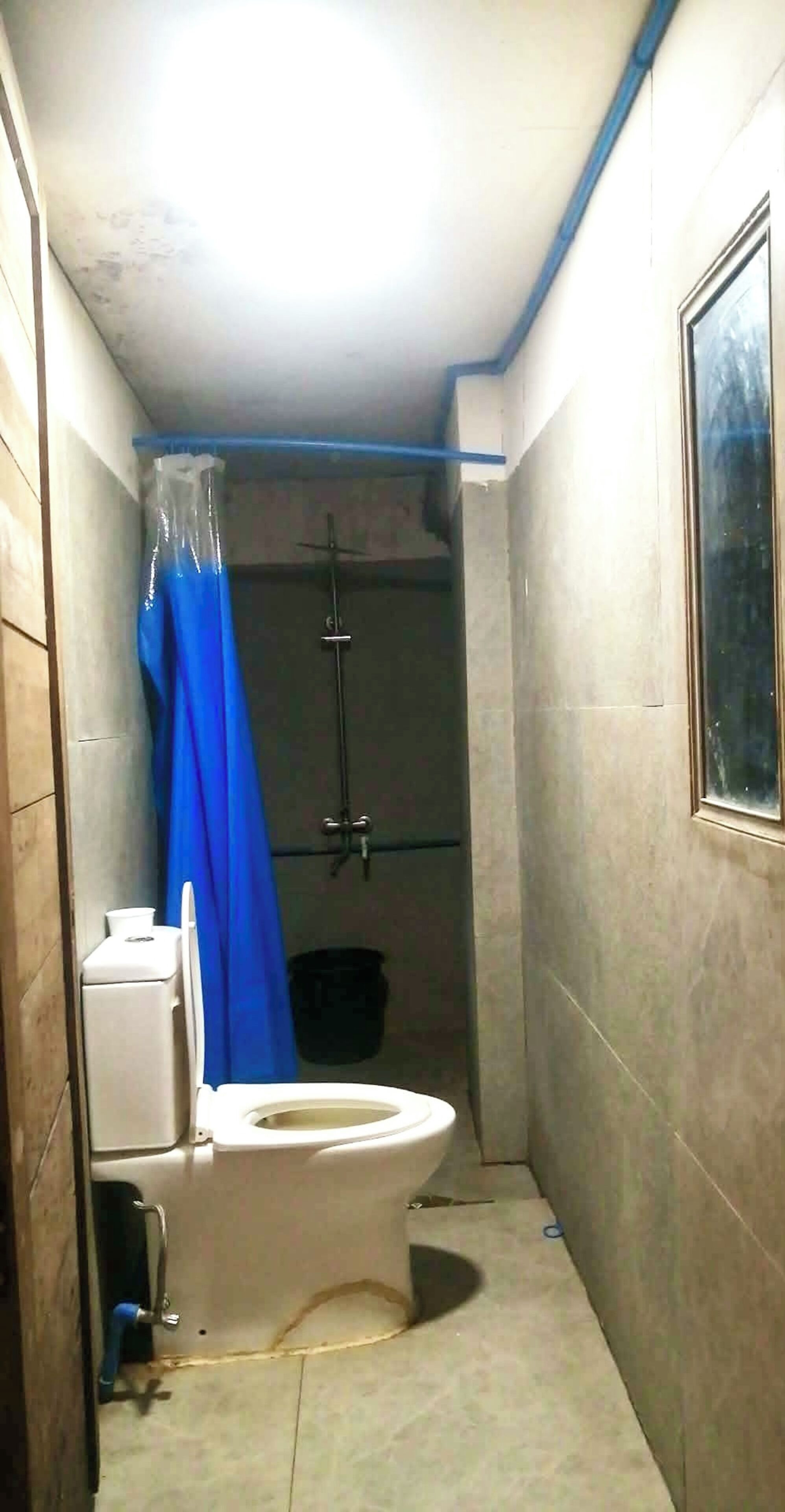 Ein kleines, schmales Badezimmer mit Toilette, Dusche und einem blauen Vorhang.
