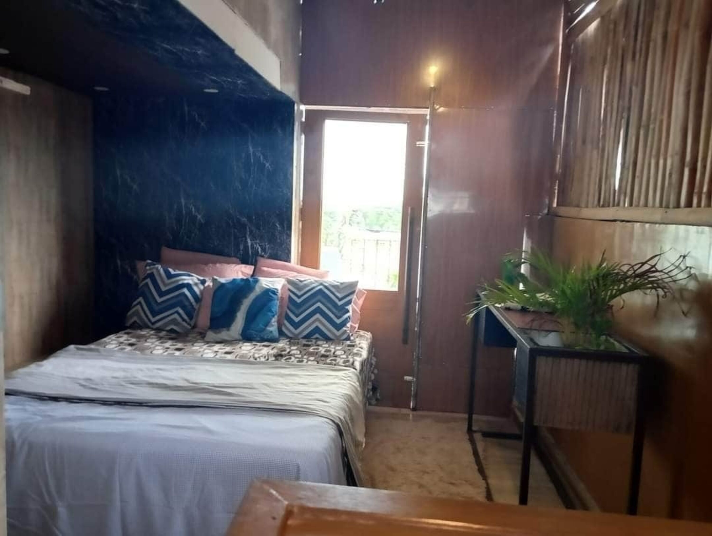 A bedroom with a bed, pillows, a bedside table with a plant, a door, and a window.