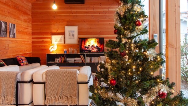A cozy cabin interior with a fireplace, a Christmas tree, and a sofa with cushions. - Cabane Cala – Heart of Arcachon & Beaches Within Walking Distance (Arcachon)