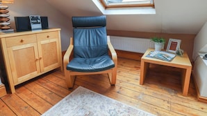 Une pièce dotée d’une lucarne, d’une armoire en bois, d’un fauteuil en cuir, d’une petite table avec une plante et d’un tableau encadré.