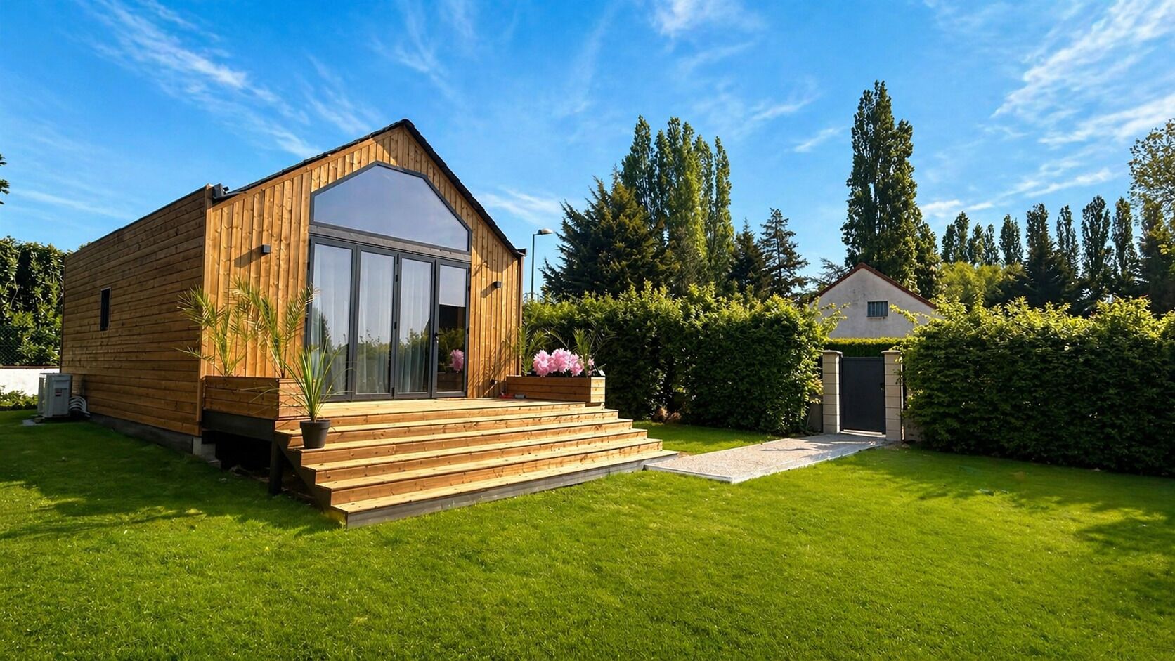 Ein modernes Holzgebäude mit einer großen Garagentür, einer Holzterrasse und einem kleinen Anbau.