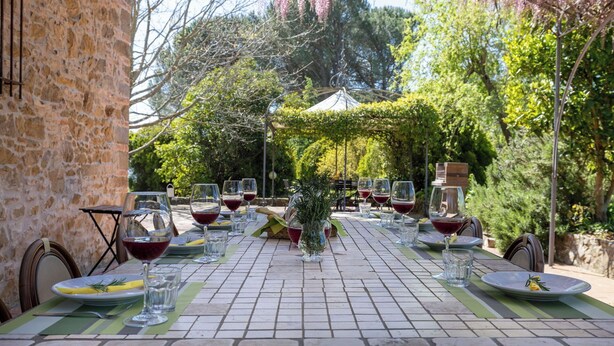 Ett utomhusområde med plats för måltider, omgivet av stenmurar, med ett klinkergolv och en pergola som är översållad med hängande rankor.