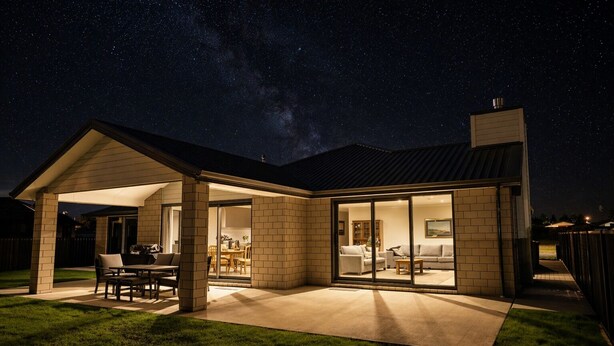 A house with a covered patio, a dining area, and a living room with a large window. - Fiordland Gateway by Aotearoa Escapes (Te Anau)