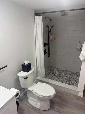 Shower, hair dryer, towels, toilet paper