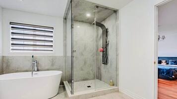 Shower, hair dryer, bidet, towels
