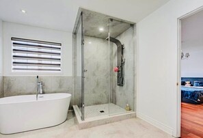 Shower, hair dryer, bidet, towels