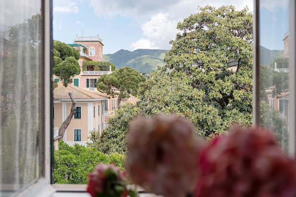 A view through a window of a building with a balcony, trees, and a mountain in the background.