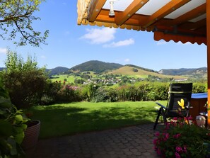A patio with a view of a green landscape and hills. - Apartment Rosi with Unique Panoramic View, Large Sun Terrace and Wi-Fi (Bernau im Schwarzwald)