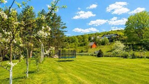 Un'area verde curata con un trampolino, alberi e una casa sullo sfondo.