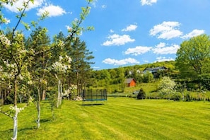 A well-maintained grassy area with a trampoline, trees, and a house in the background. - Holiday cottage in Wisełka (Wisełka)