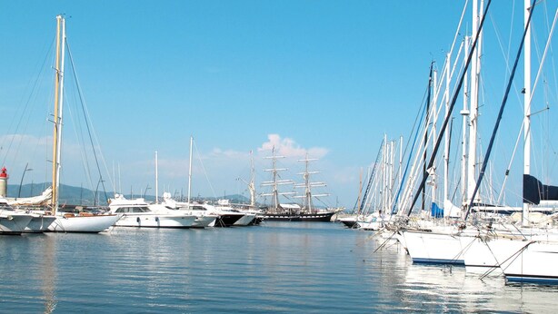 Marina com vários veleiros atracados.