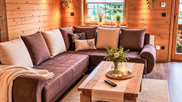 Ein gemütliches Wohnzimmer mit einem Ecksofa, einem Holztisch und einem Fenster mit Blick auf Grünflächen.