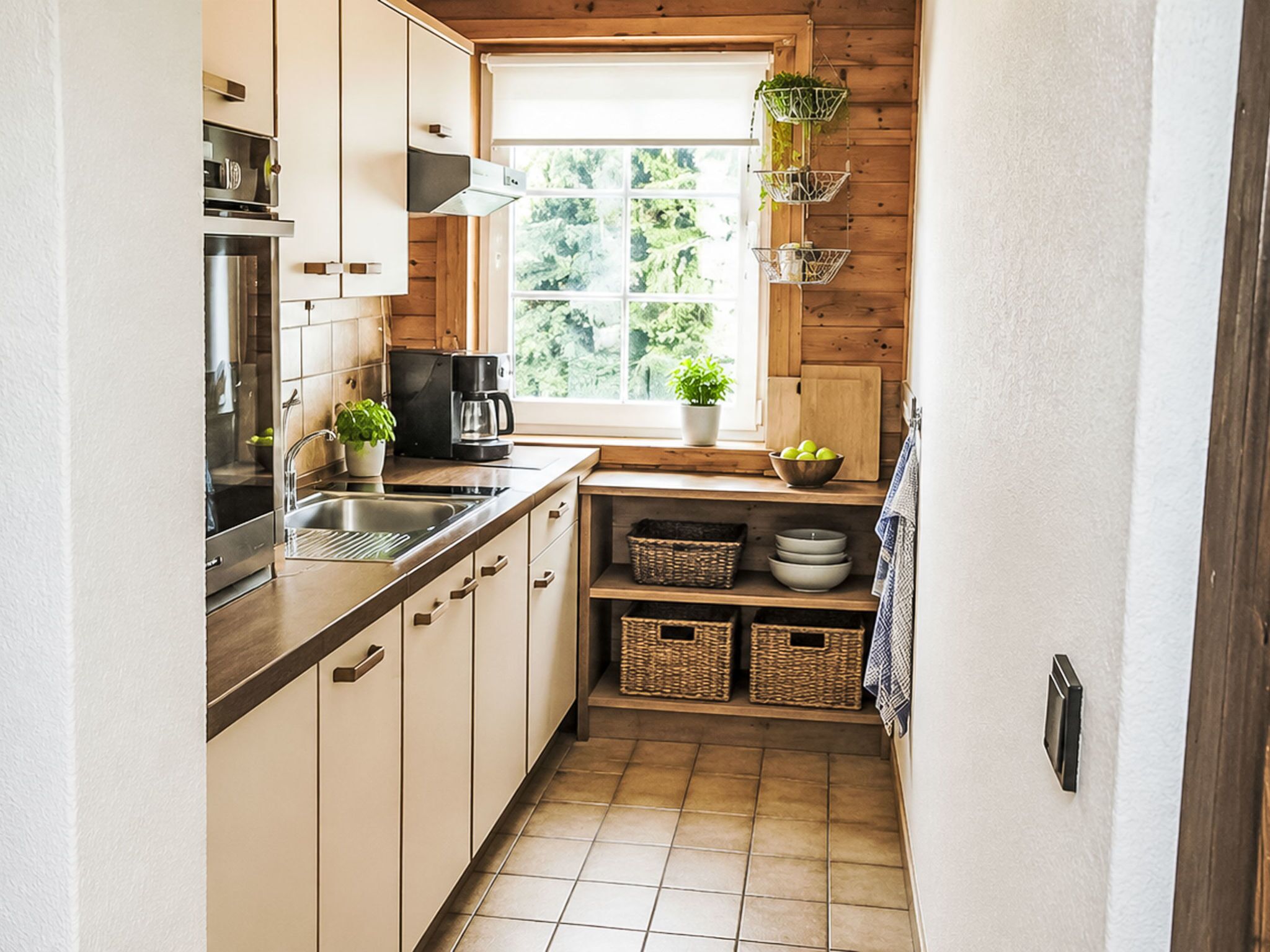 A compact kitchen with a window, wooden cabinets, a coffee maker, and a potted plant.