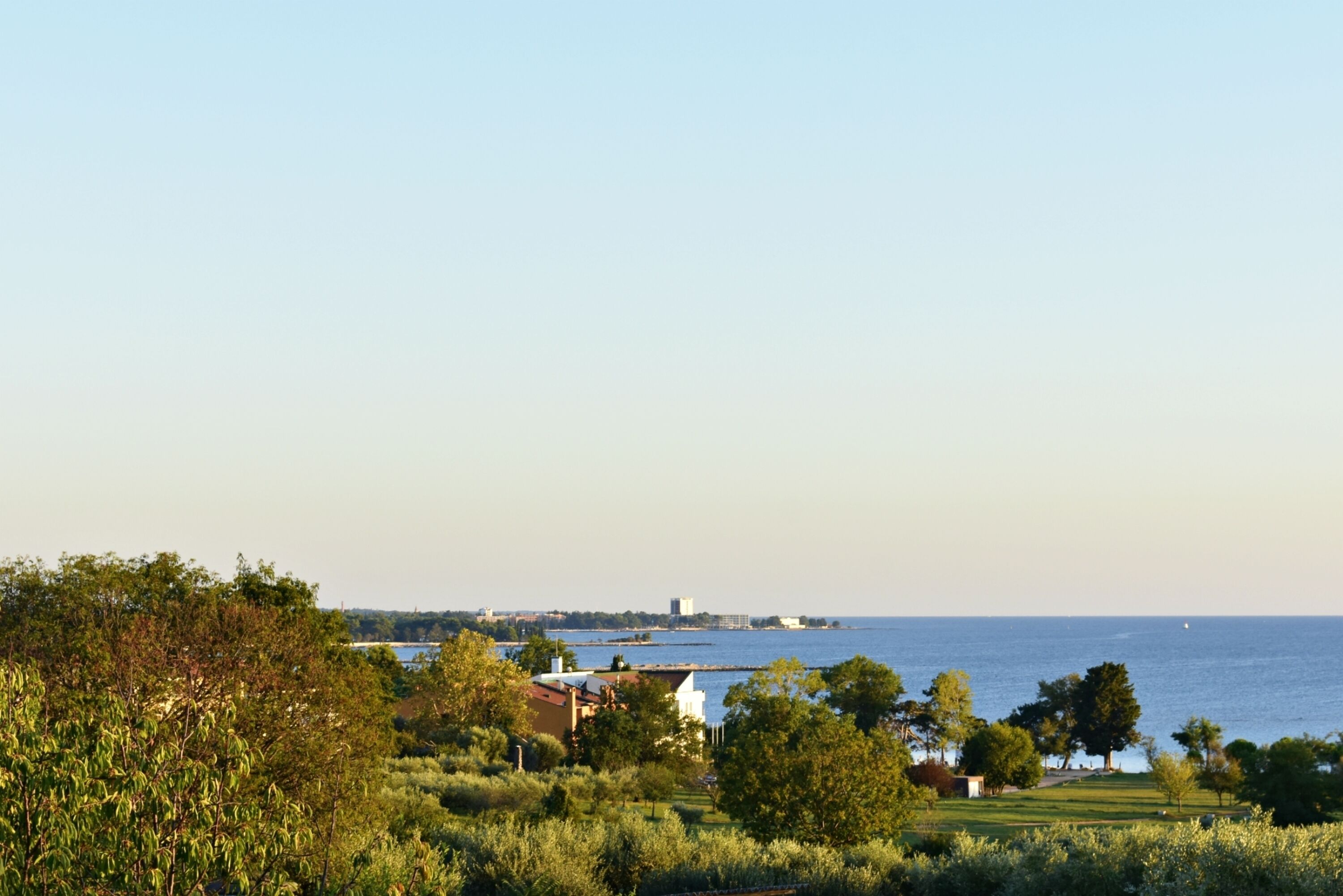 Un paysage côtier offrant une vue sur la mer, avec de la végétation et des bâtiments visibles au loin.